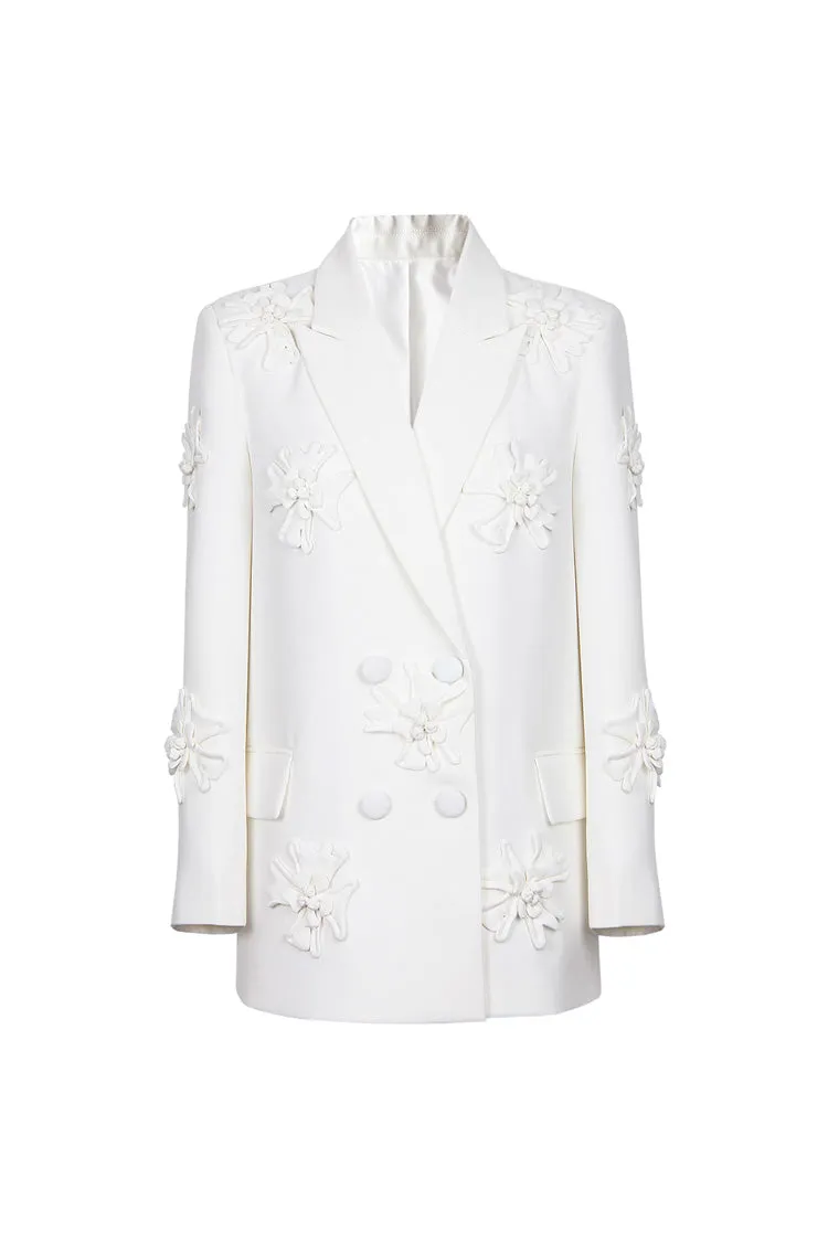 Smart Rosette Appliqué Lapel Collar Long Sleeve Double Breasted Blazer