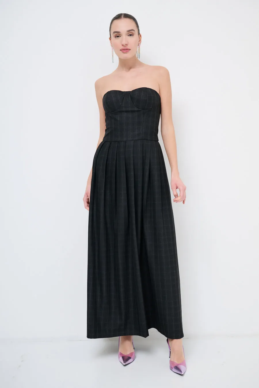 Strapless midi dress with pleated skirt wholesale