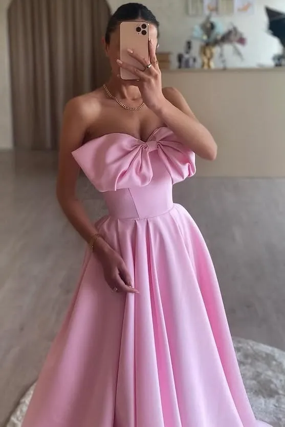 Tomie | Pink A-Line Strapless Bow Satin Pleated Long Formal Prom Dress