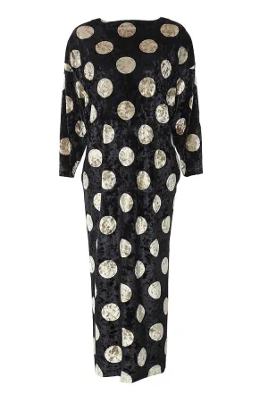 Vintage Polka Dot Round Neck 3/4 Sleeve Side Slit Cocoon Velvet Midi Dress