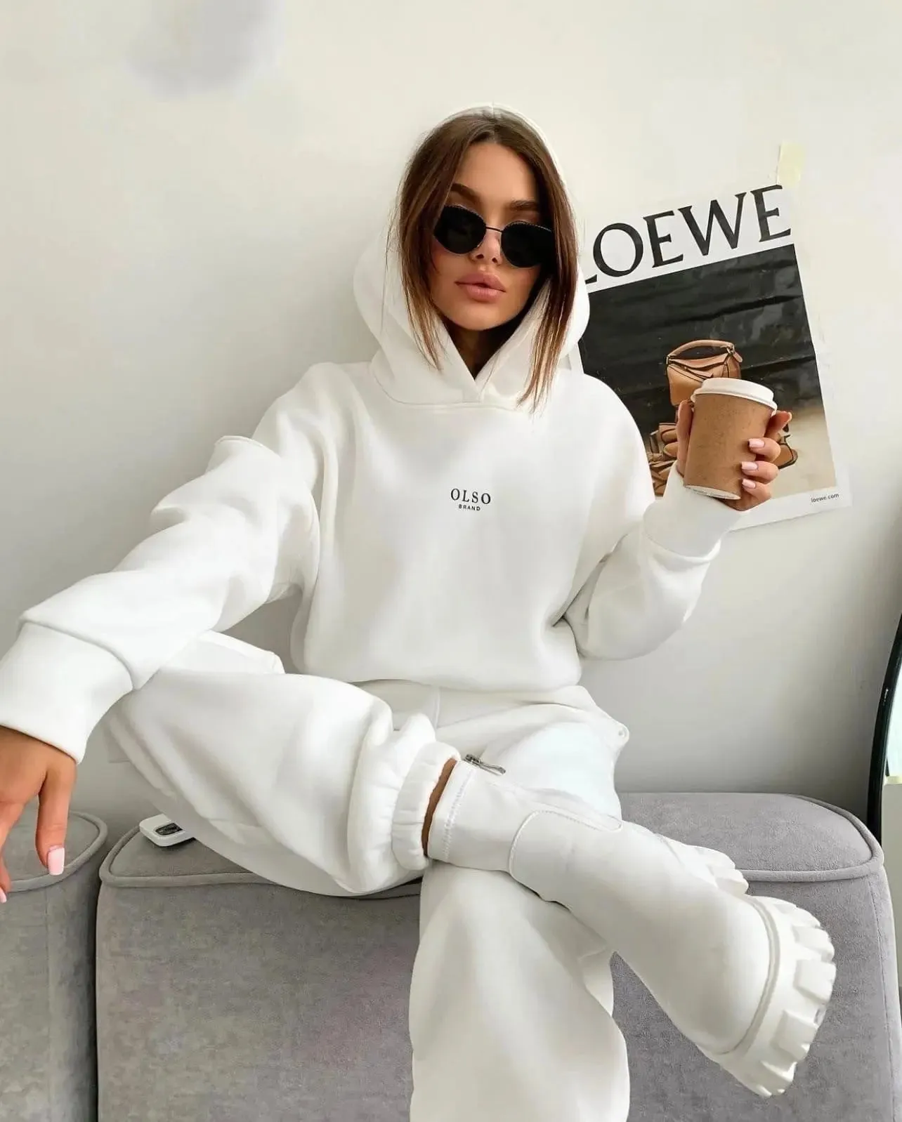 Women's Knitted Fleece Casual Suit Two-piece Set hoodie