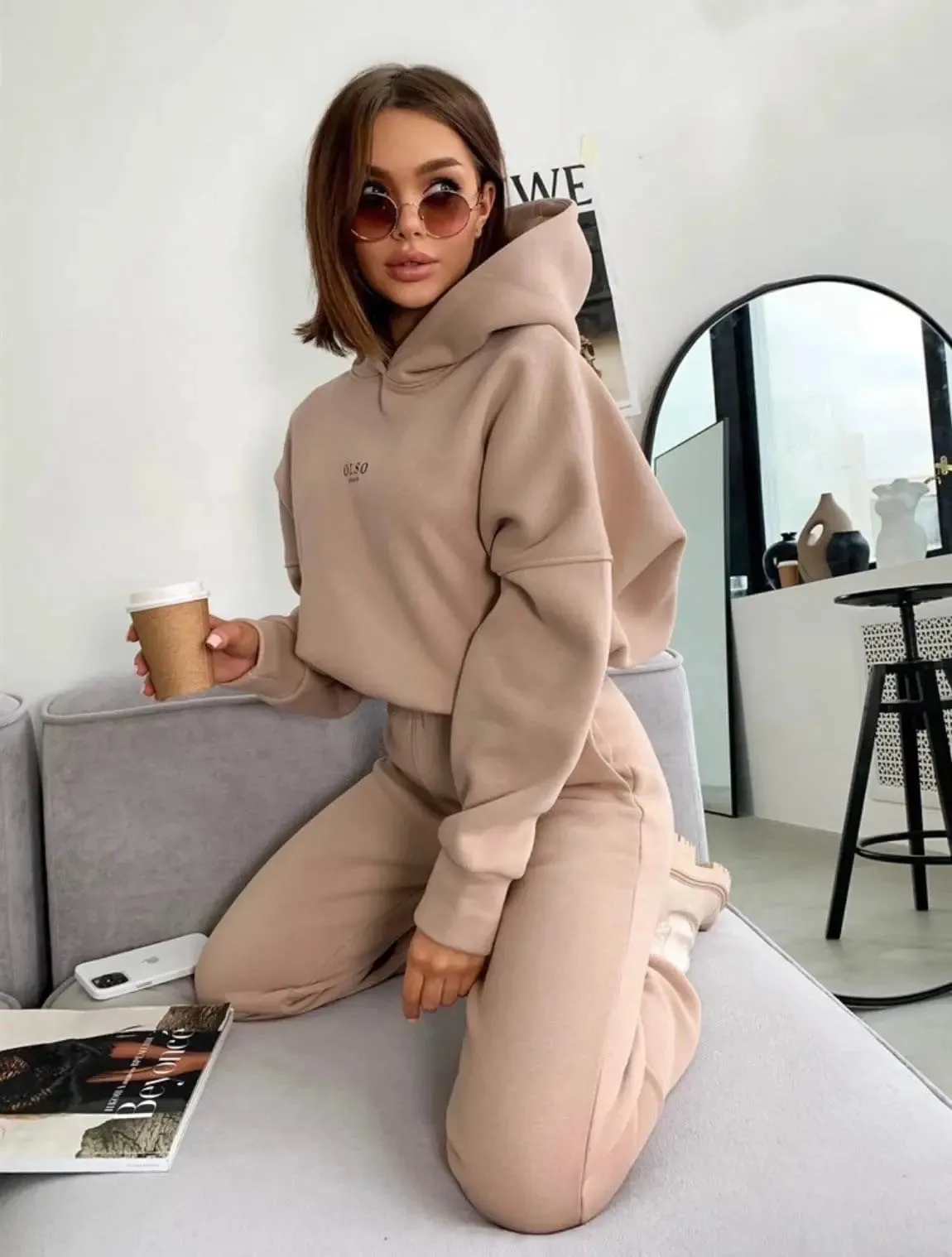 Women's Knitted Fleece Casual Suit Two-piece Set hoodie